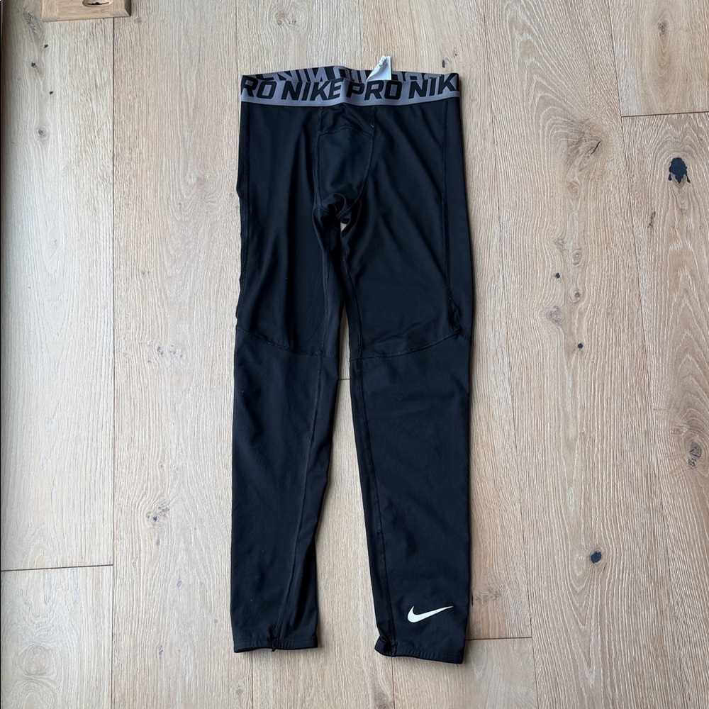 Nike Kids Black Compression Leggings with Gray Nike Pro Waistband